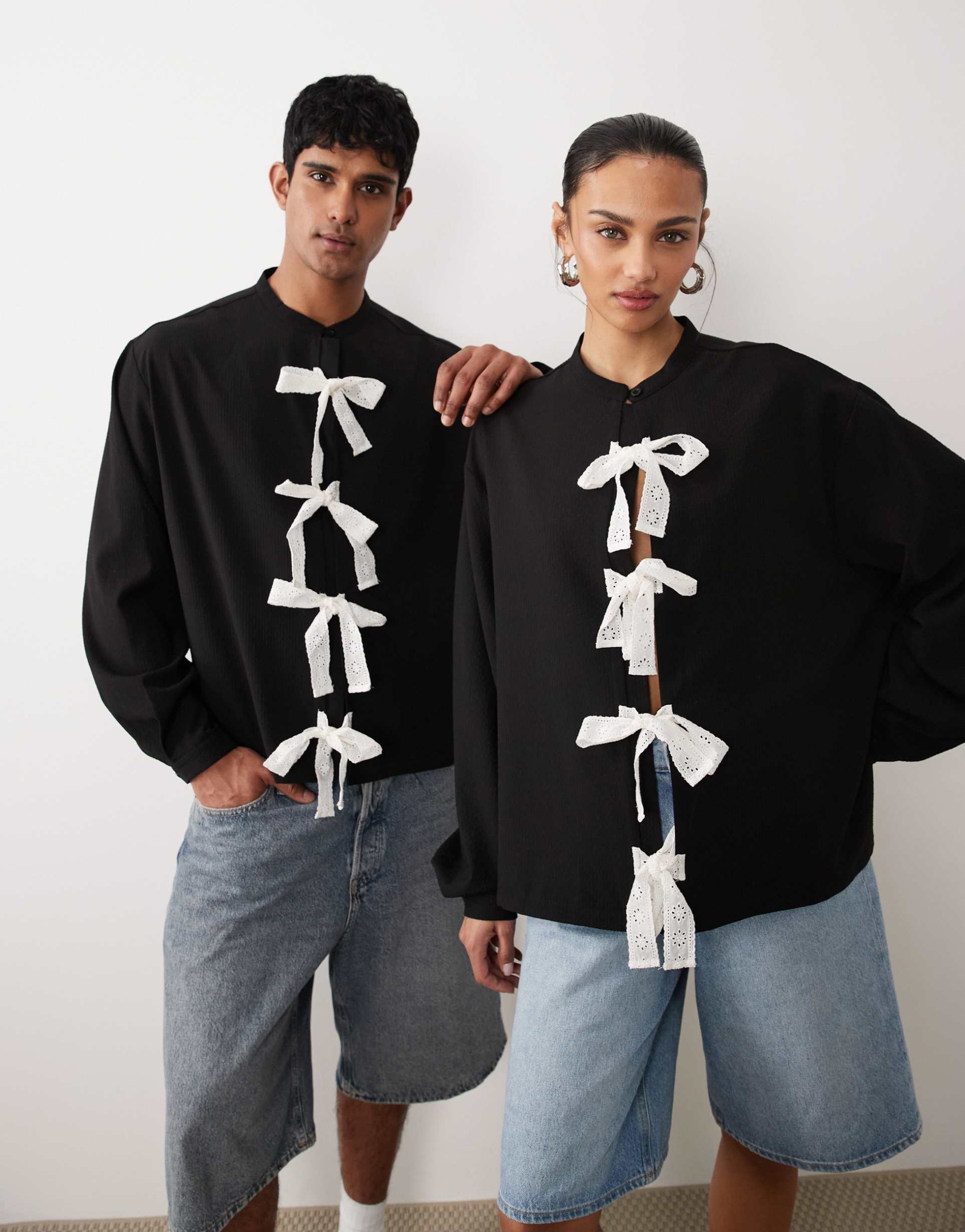 sister jane unisex bow detail long sleeve shirt in black