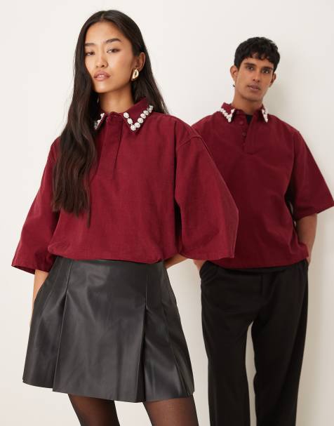 Sister Jane Unisex boxy shirt with gem embellished collar in burgundy