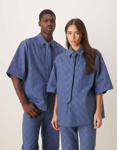 Sister Jane Unisex checkerboard denim boxy shirt co-ord in blue - view 1