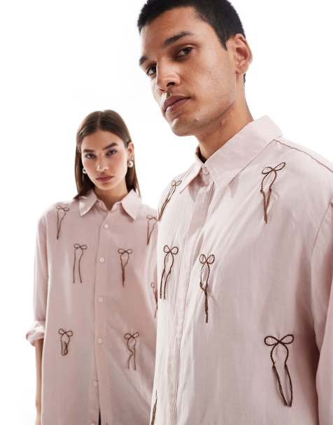 Sister Jane Unisex contrast bow embroidered shirt in dusty pink - view 1