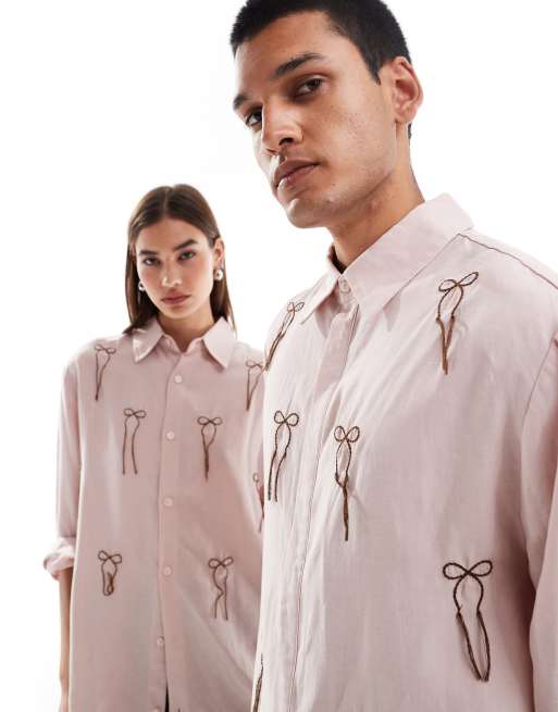 Sister Jane Unisex contrast bow embroidered shirt in dusty pink