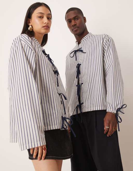 Sister Jane Unisex contrast bow striped shirt in navy