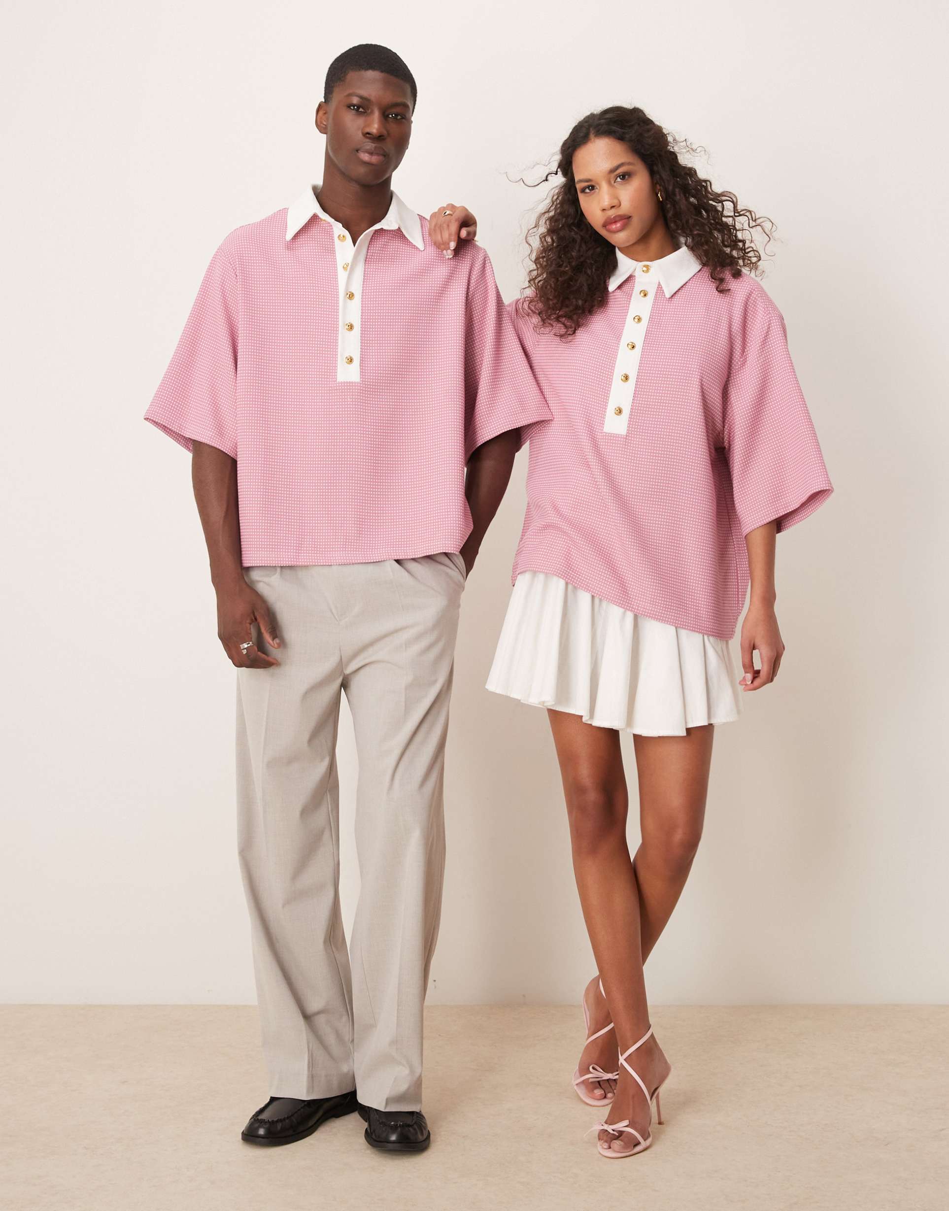 sister jane unisex contrast collar polo shirt in pink gingham