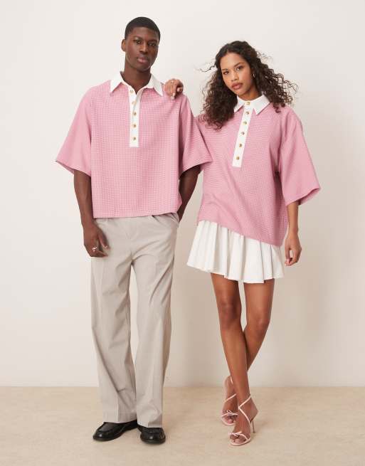 Sister Jane Unisex contrast collar polo shirt in pink gingham