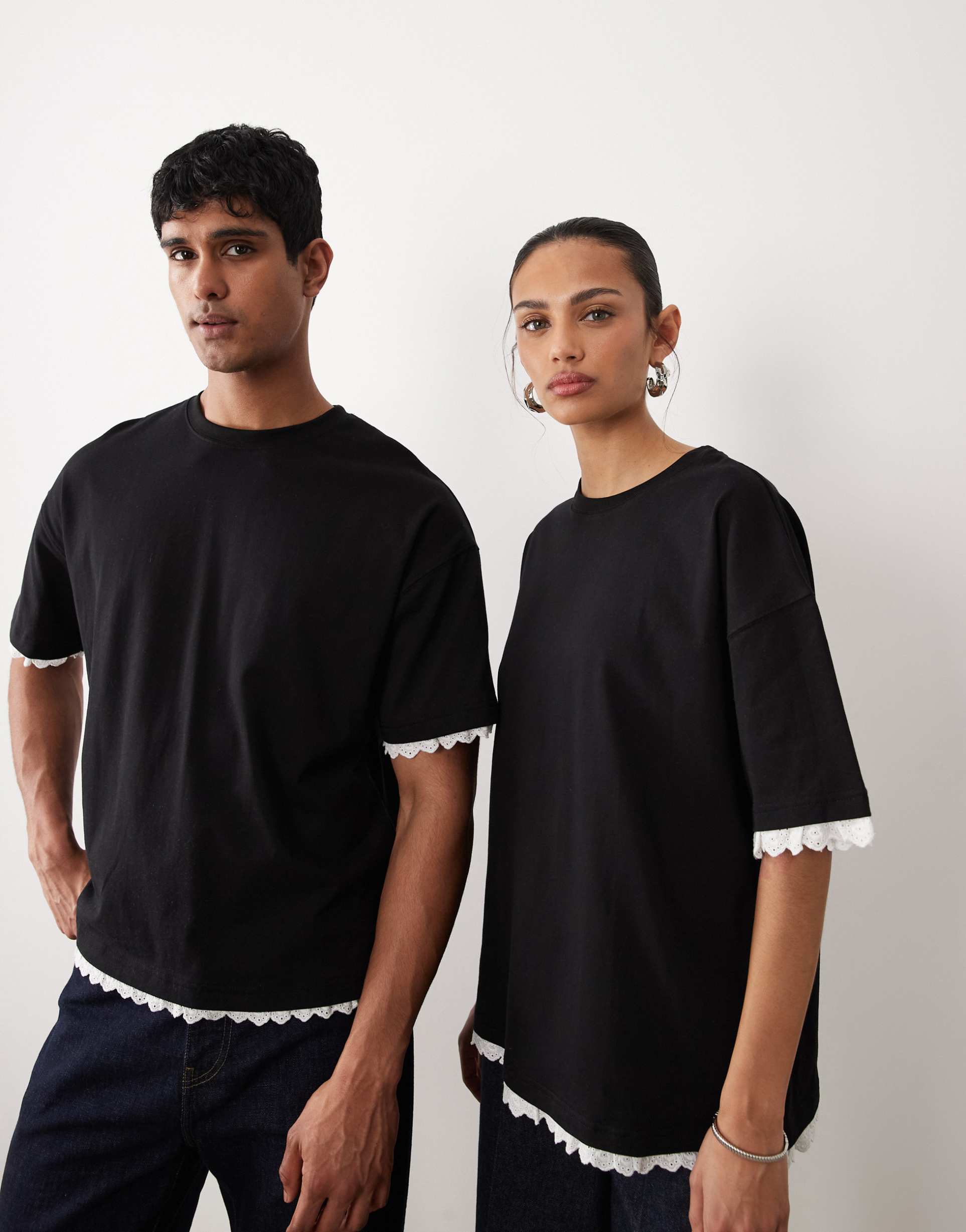 sister jane unisex contrast frill trim oversized cotton t-shirt in black