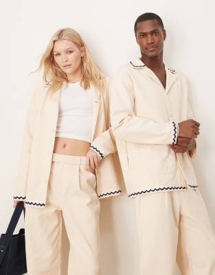 Unisex contrast stitch jacket in cream - part of a set-White