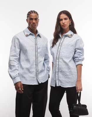Sister Jane Unisex Cotton Rich Shirt With Piping Detail In Blue