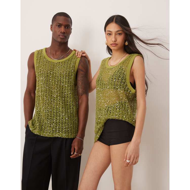 Sister Jane Unisex crochet sequin tank top in lime green | ASOS
