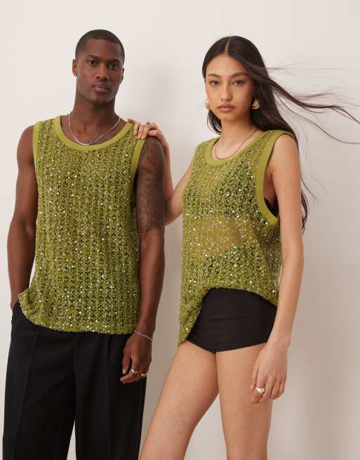 Sister Jane Unisex crochet sequin vest top in lime green