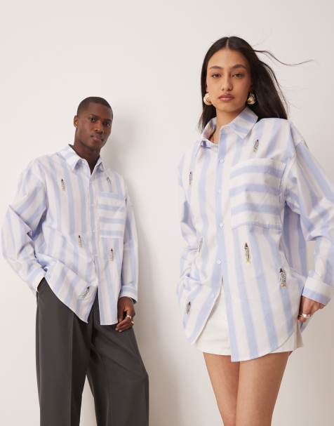 Sister Jane Unisex detachable fish brooch shirt co-ord in blue stripe - view 1