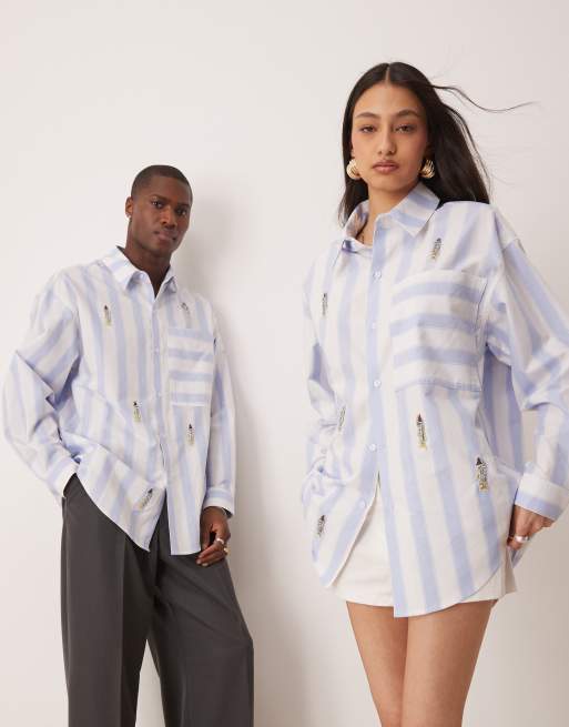 Sister Jane Unisex detachable fish brooch shirt in blue stripe (part of a set)