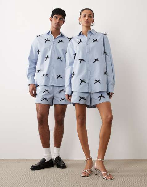 Sister Jane - Unisex - Drew - Blåt sæt med skjorte og shorts med sløjfedetalje i ren bomuld - view 1