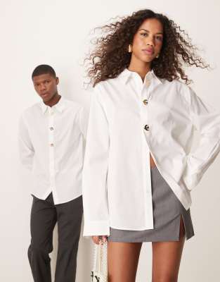 Unisex embellished button shirt in white