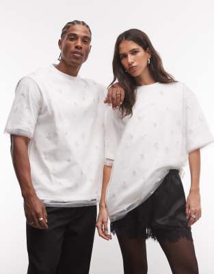 Sister Jane Unisex Embellished Demi Tulle Oversized T-shirt In White