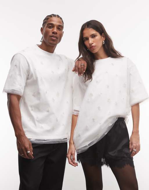 Sister Jane Unisex embellished demi tulle oversized t-shirt in white | ASOS