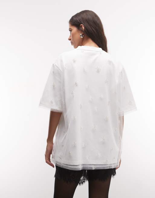 Sister Jane Unisex embellished demi tulle oversized t-shirt in white | ASOS