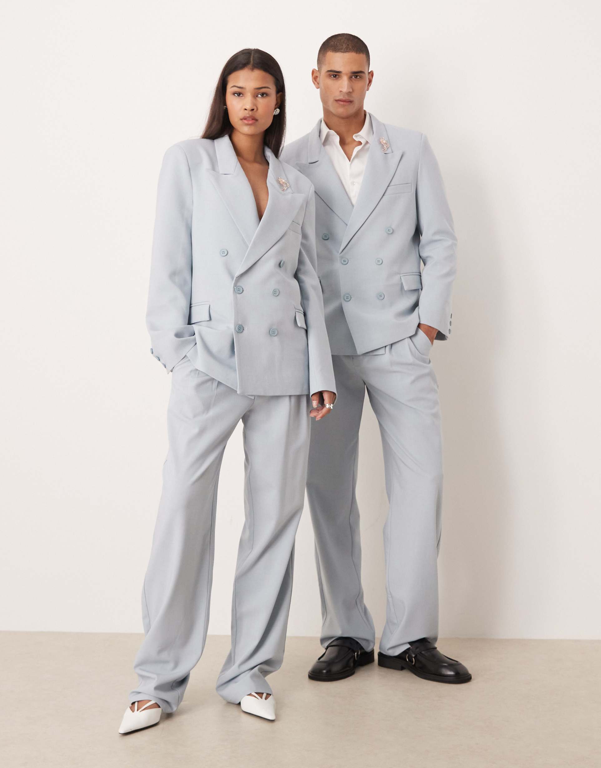 sister jane unisex evander high waisted micro belt detail paperbag pants in powder blue - part of a set