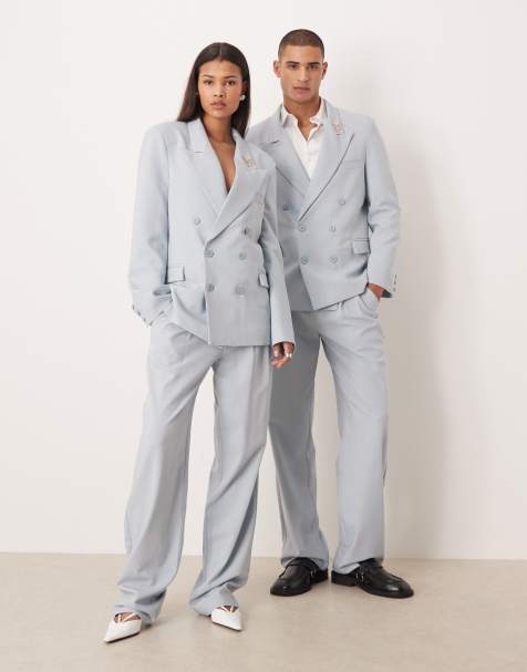 Sister Jane Unisex Evander high waisted micro belt detail paperbag trousers co-ord in powder blue - view 1