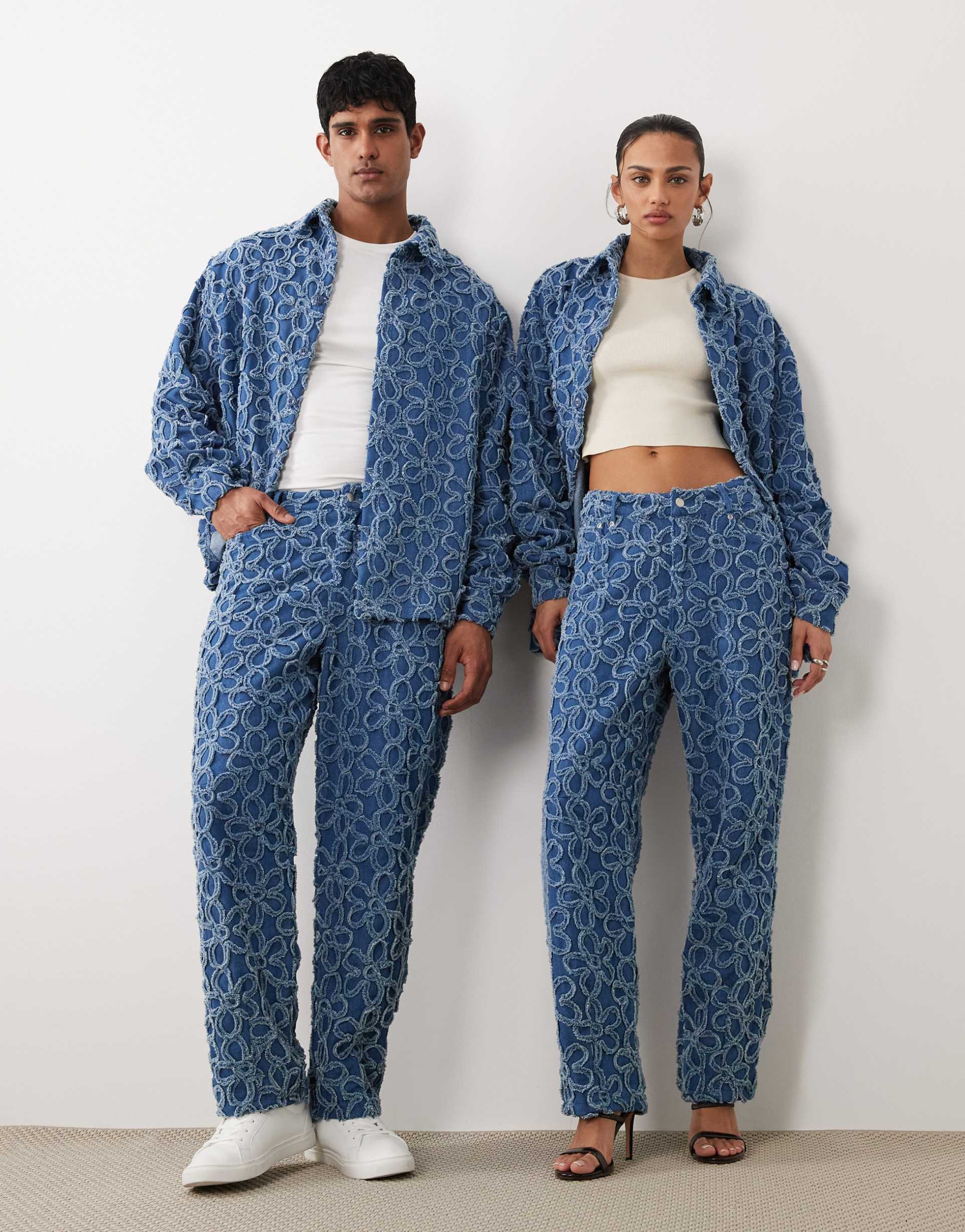 sister jane unisex fleur mid rise denim jeans in mid blue wash - part of a set