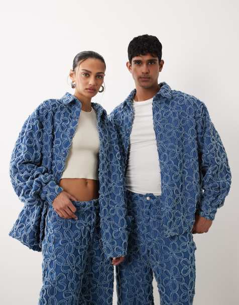 Sister Jane Unisex Fleur oversized denim shirt co-ord in mid blue wash