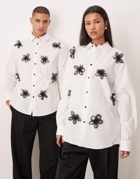 Sister Jane Unisex Flora Penny cotton blend button through floral applique shirt in white - view 1