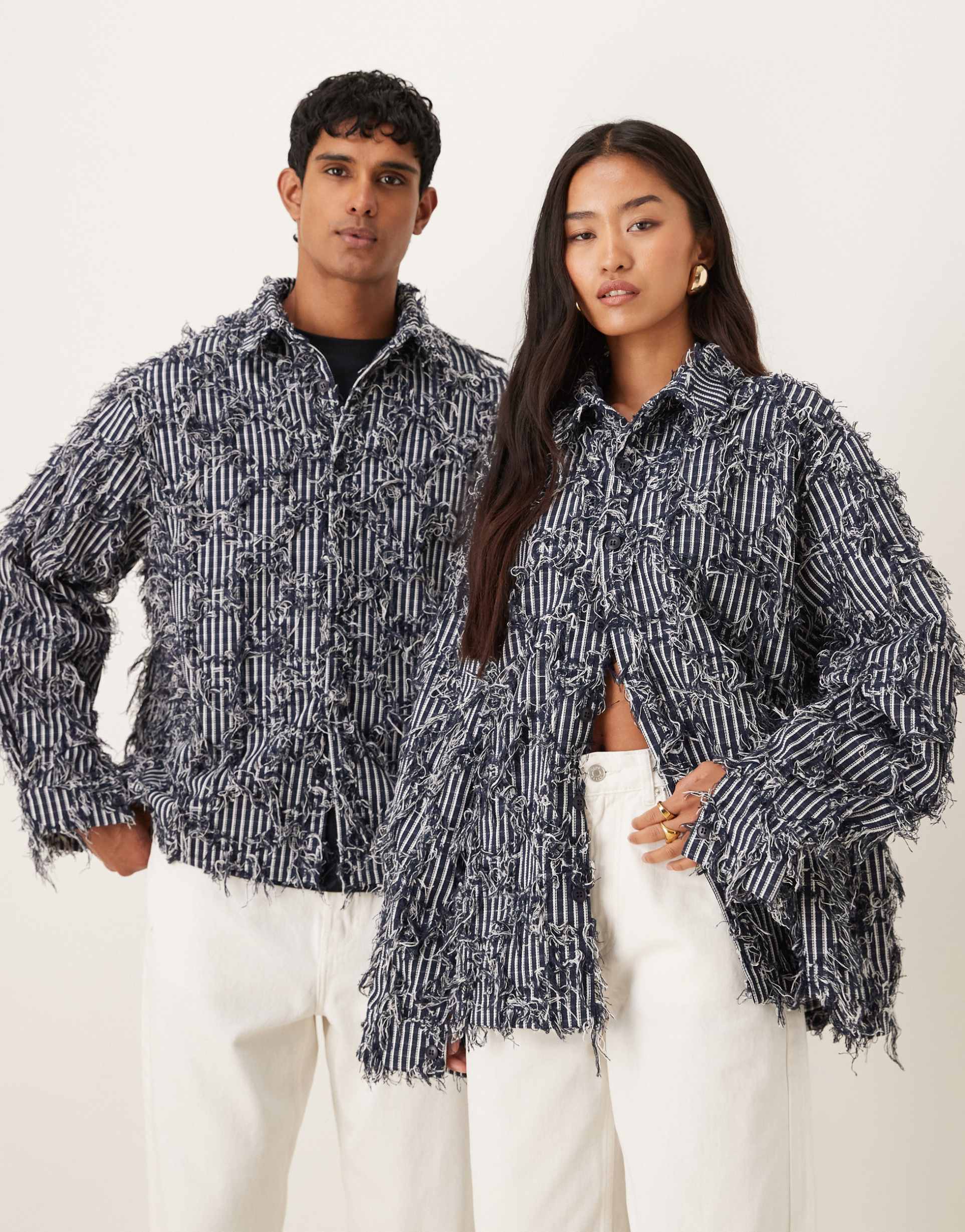 sister jane unisex frayed denim overshirt in navy