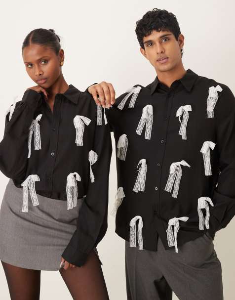 Sister Jane Unisex contrast lace bow shirt in black