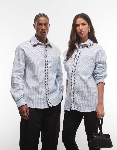 Sister Jane Unisex-Hemd mit hohem Baumwollanteil und Paspeldetails in Hellblau mit feinem Nadelstreifenmuster - view 1