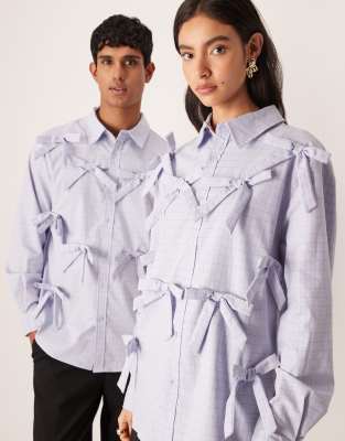 Sister Jane Unisex Jules Bow Detail Button Through Shirt In Blue
