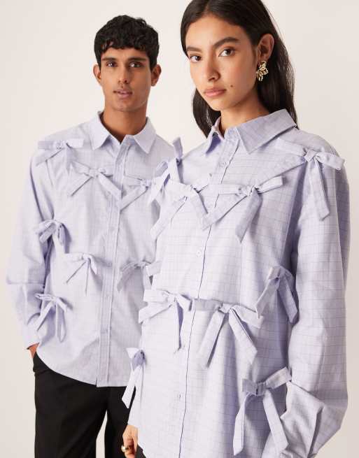 Sister Jane Unisex Jules bow detailing button down shirt in blue checkerboard