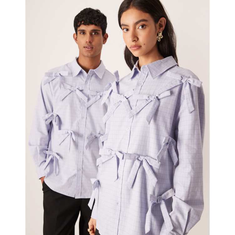 Sister Jane Unisex Jules long sleeve check shirt with bows in blue 