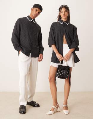 unisex lace trim metallic shirt in black