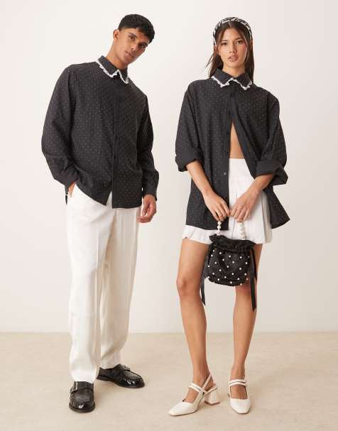 Sister Jane unisex lace trim metallic shirt in black - view 1