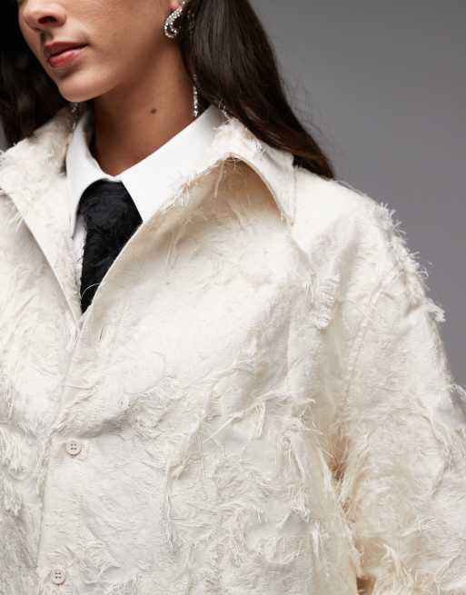 Sister Jane Unisex Lens cotton blend frayed overshirt in ivory, 3 of 4