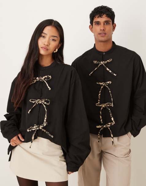 Sister Jane Unisex leopard tie bow front shirt in black - view 1