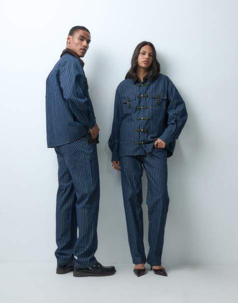Sister Jane Unisex Libra denim collar detail long sleeve overshirt co-ord in navy pinstripe - view 1