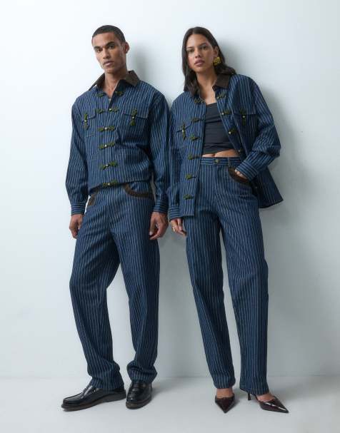 Sister Jane Unisex Libra denim mid rise straight leg jeans co-ord in navy pinstripe - view 1