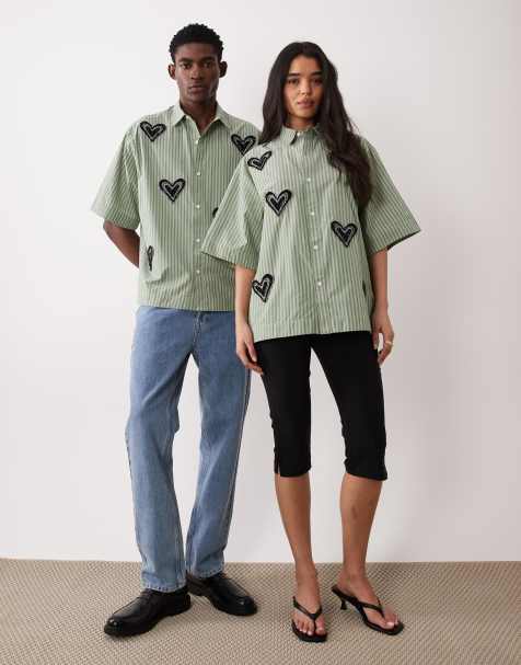 Sister Jane Unisex Maris cotton blend heart embellished boxy shirt in green