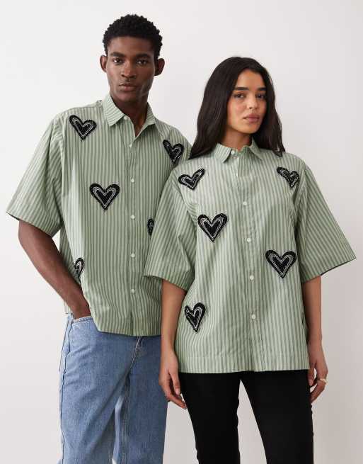 Sister Jane Unisex Maris cotton blend heart embellished boxy shirt