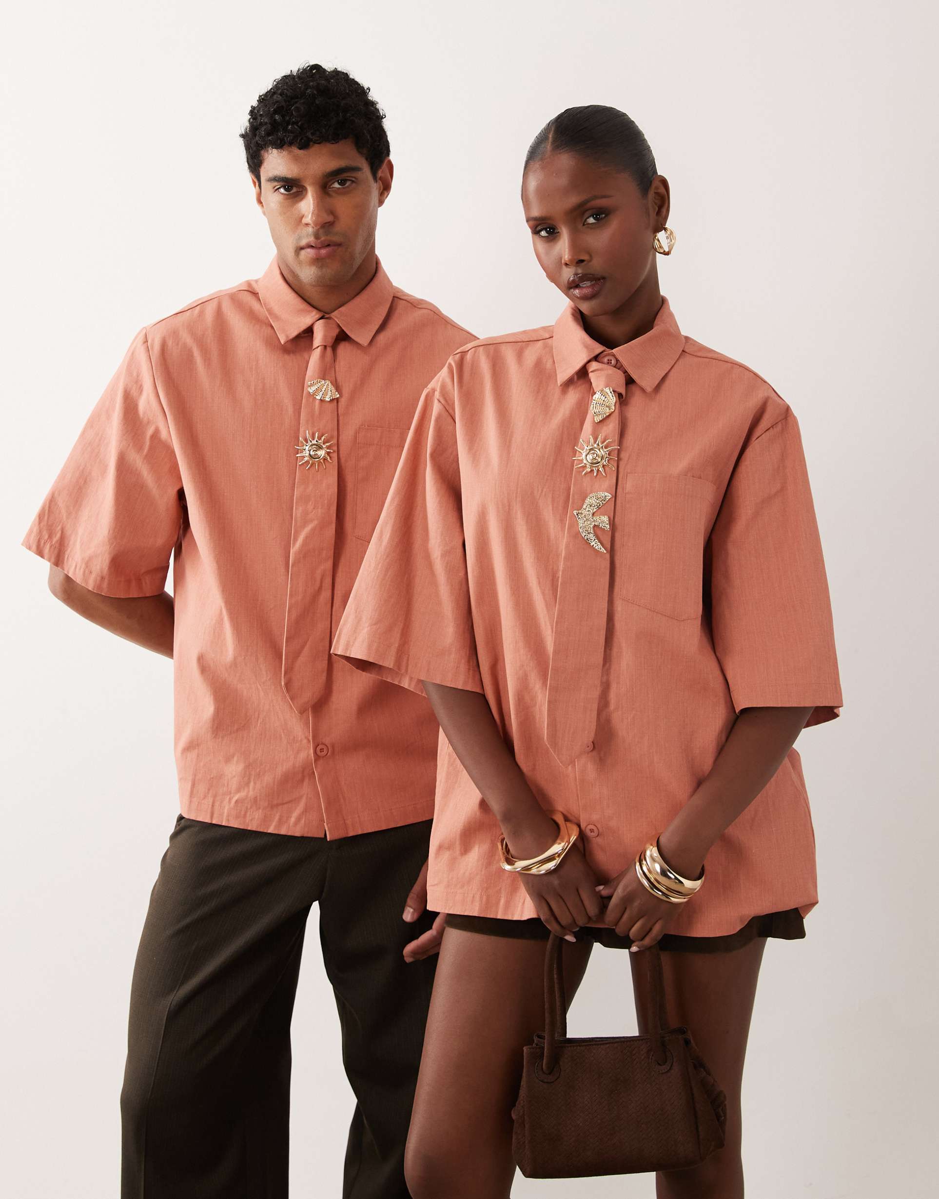 sister jane unisex ochre short sleeve boxy shirt with tie pins in ochre