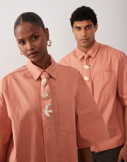 Sister Jane Unisex Ochre short sleeve boxy shirt with tie pins in
