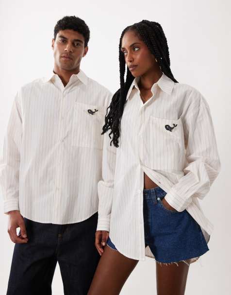Sister Jane Unisex Orion embellished brooch detail long sleeve shirt in ivory stripe - view 1