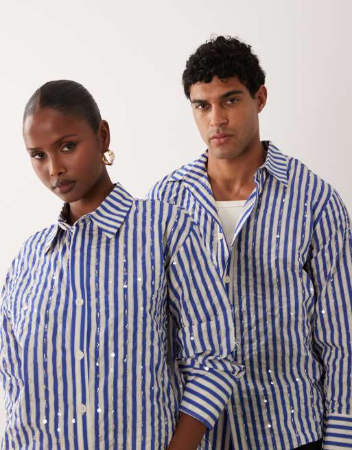 Sister Jane Unisex Paros embellished long sleeve shirt in blue stripe, 3 of 4