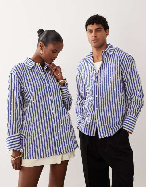 Sister Jane Unisex Paros embellished long sleeve shirt in blue stripes - view 1