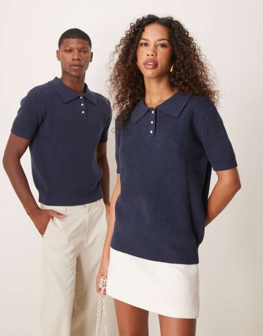 Sister Jane unisex pearl button knit polo shirt in navy