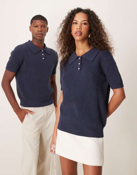 Sister Jane Unisex pearl button knitted polo shirt in navy - view 1