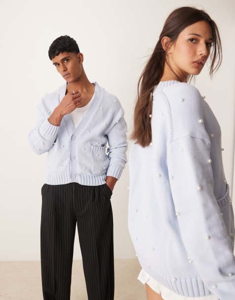 Sister Jane unisex pearl embellished cardigan in powder blue - view 1