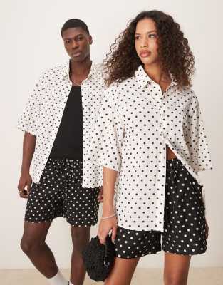 Unisex polka dot boxy shirt in cream - part of a set-White