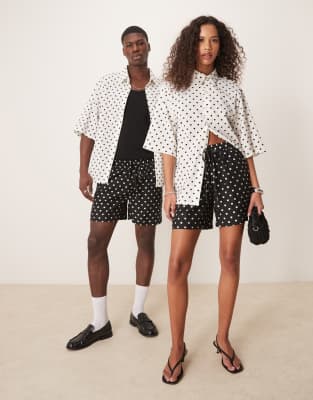 Unisex polka dot boxy shorts in cream - part of a set-Black