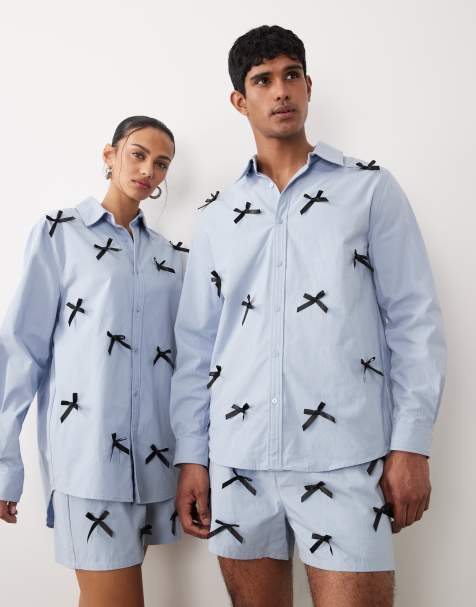 Sister Jane Unisex pure cotton bow detail shirt in blue pinstripe - part of a set - view 1